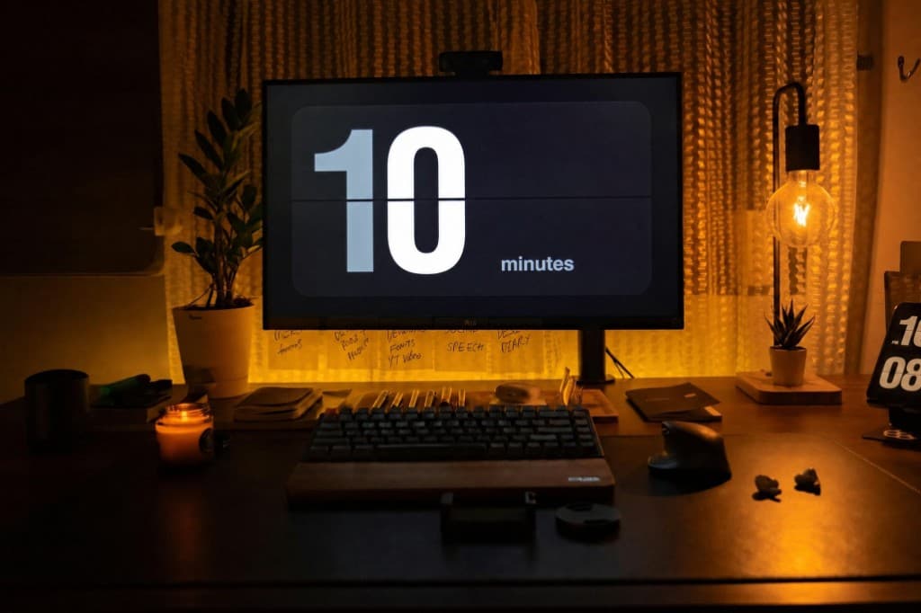 Setup de escritorio de noche con pantalla mostrando 10 minutos