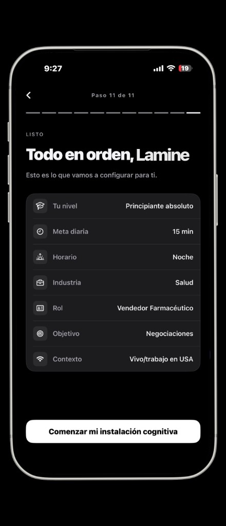 Pantalla de configuración de Encognis personalizada por industria, rol, objetivo y contexto del usuario
