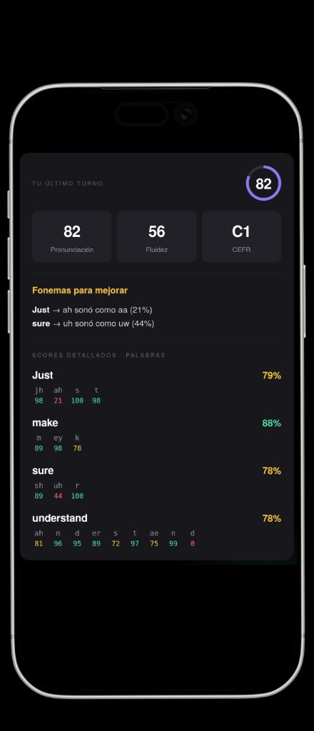 Pantalla de Encognis con puntajes de pronunciación por fonema para cada palabra
