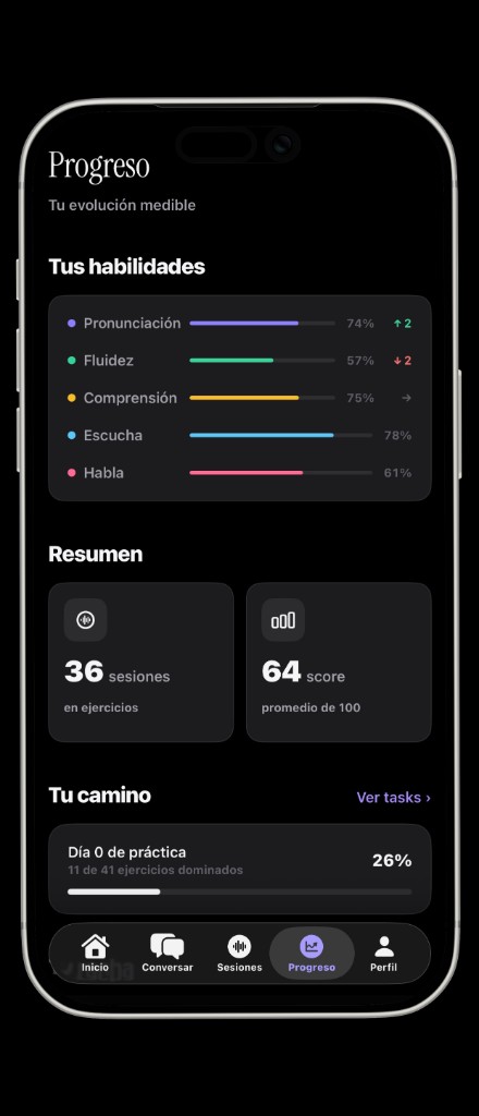Pantalla de progreso de la app Encognis con puntajes de pronunciación, fluidez y score general