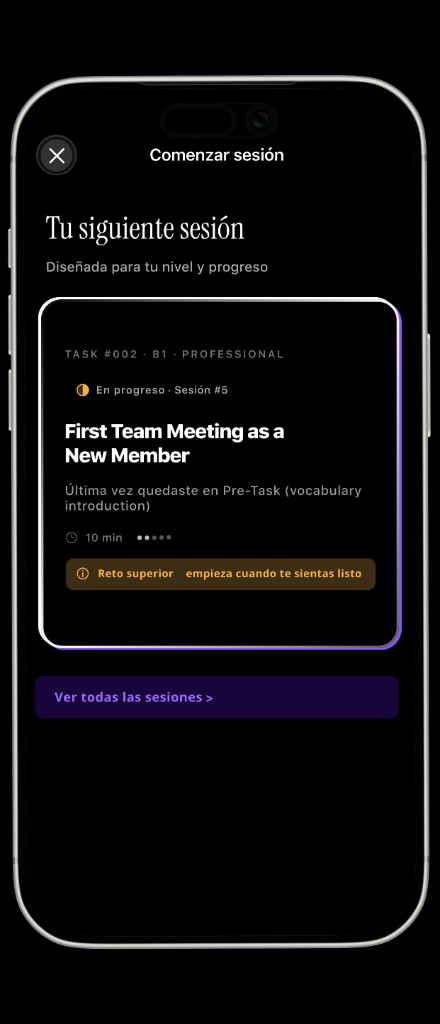Pantalla de la app Encognis mostrando una sesión real de práctica: una primera reunión de equipo